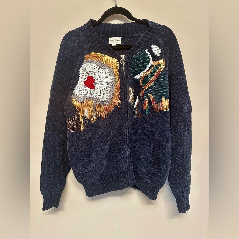 Vintage Vibes Delightfully Chaotic Sequin Embellished Blue Zip Up Sweater Small